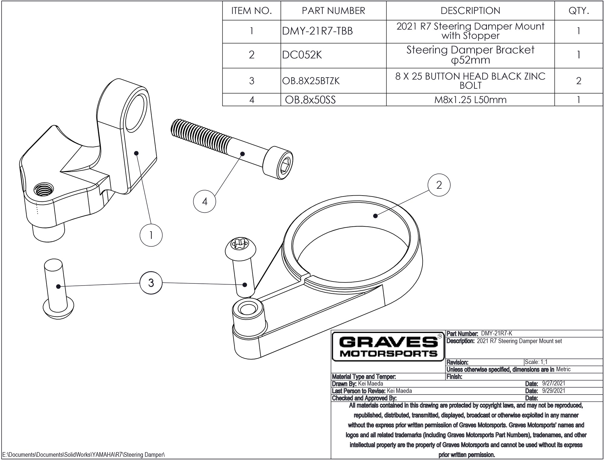 Graves Motorsports Yamaha R7 WORKS Steering Damper Mount