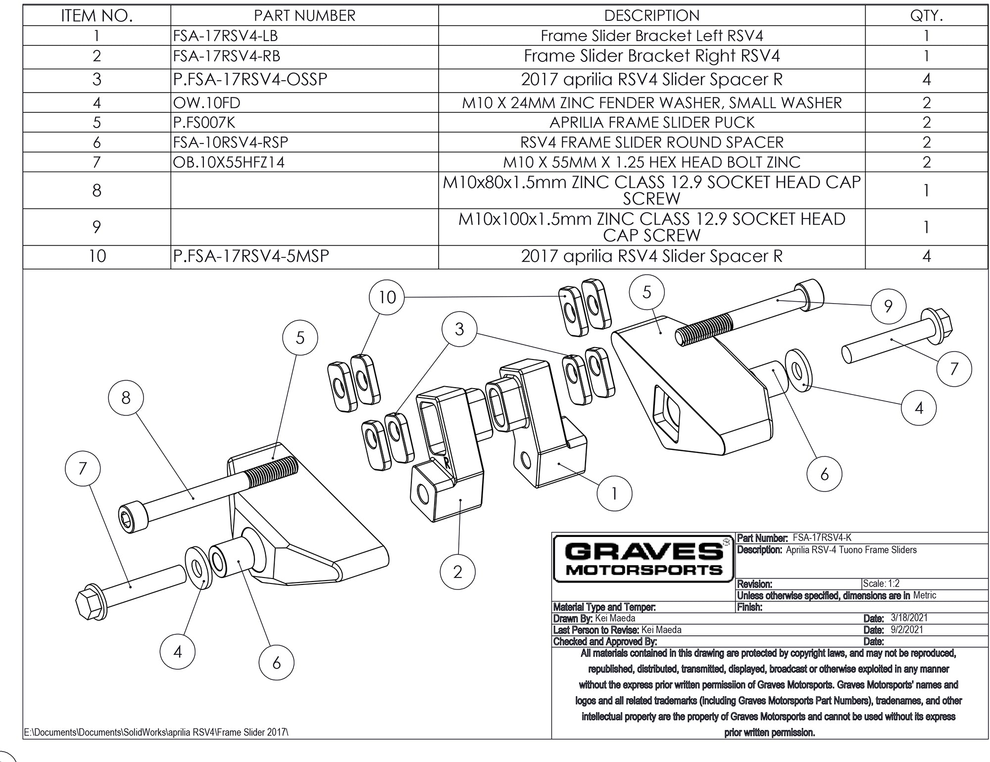 Graves Motorsports Aprilia RSV-4 Tuono Frame Sliders