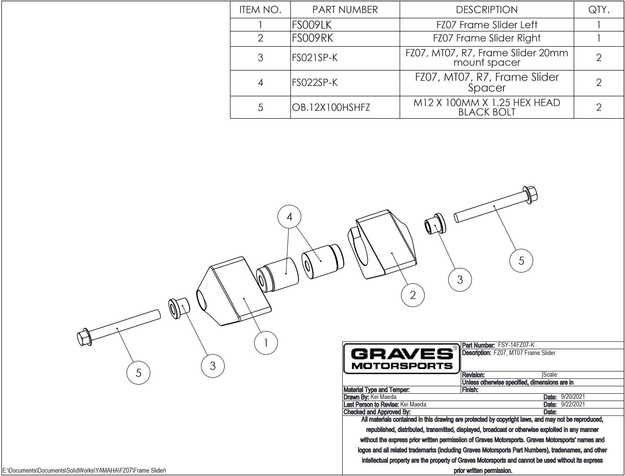 Graves Motorsports Yamaha FZ-07 MT-07 Frame Sliders