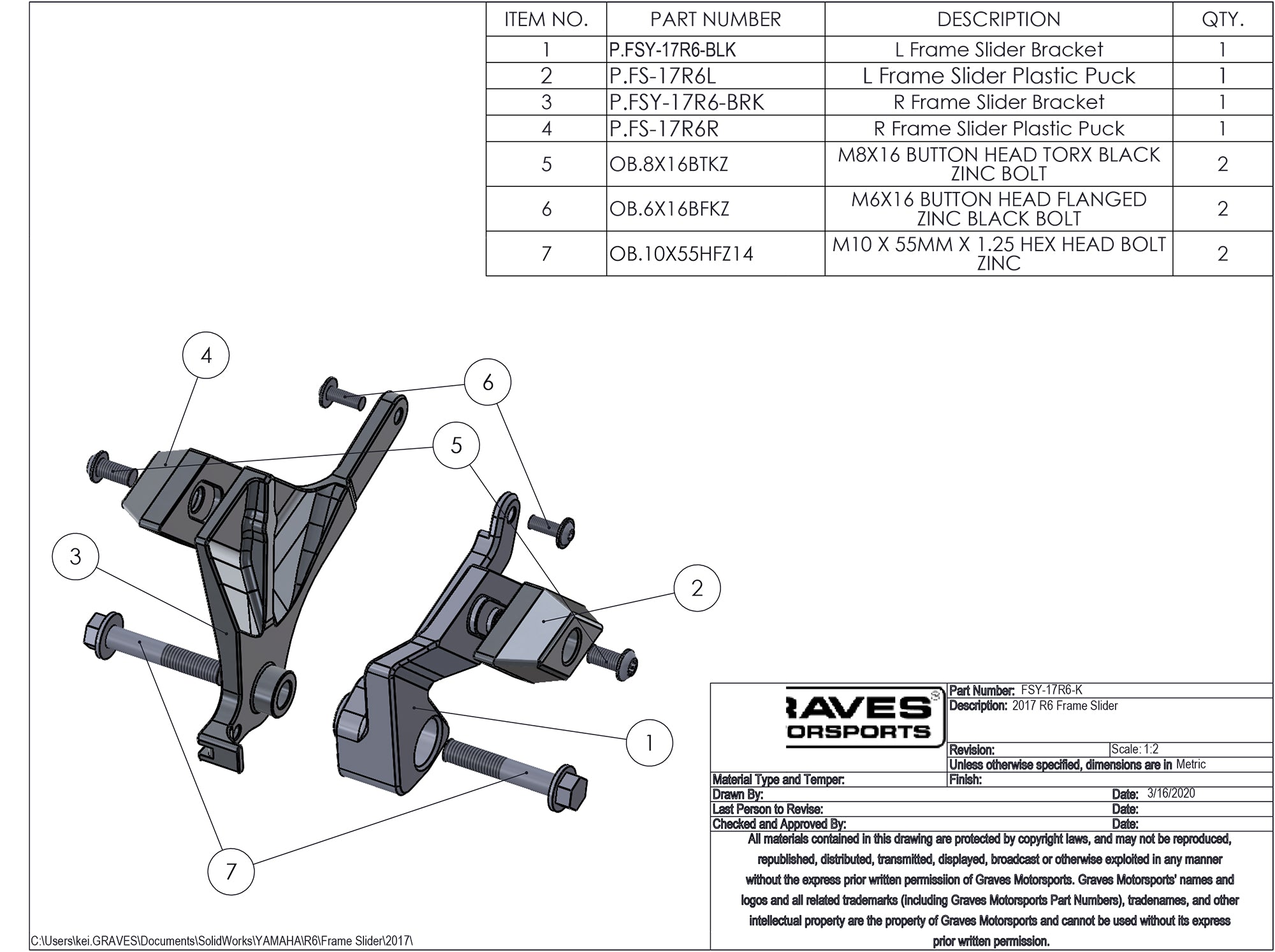 Graves Yamaha R6 Diamond Frame Sliders 2017 +