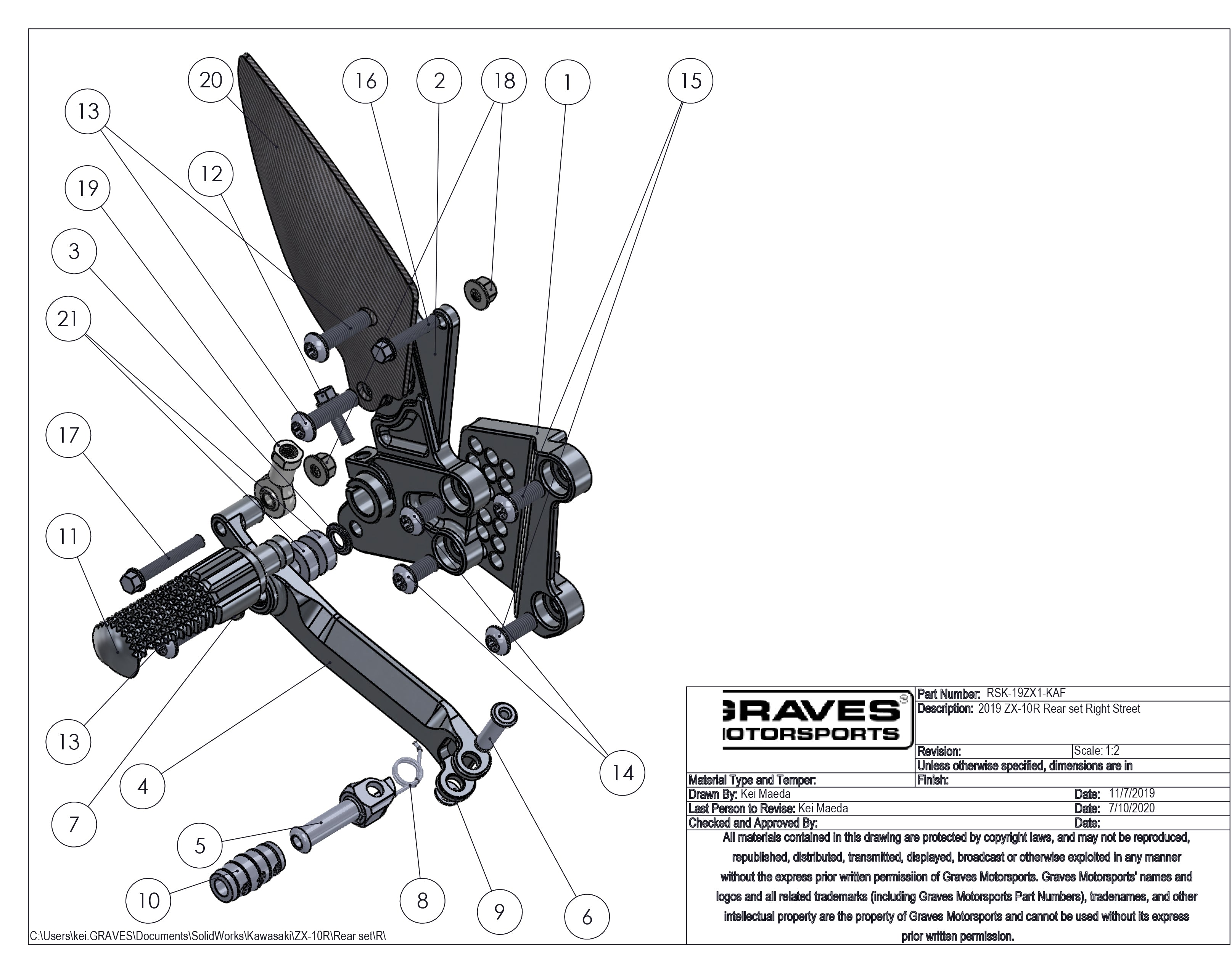 Graves Motorsports WORKS Kawasaki ZX-10R / ZX-10RR Adjustable Rearsets