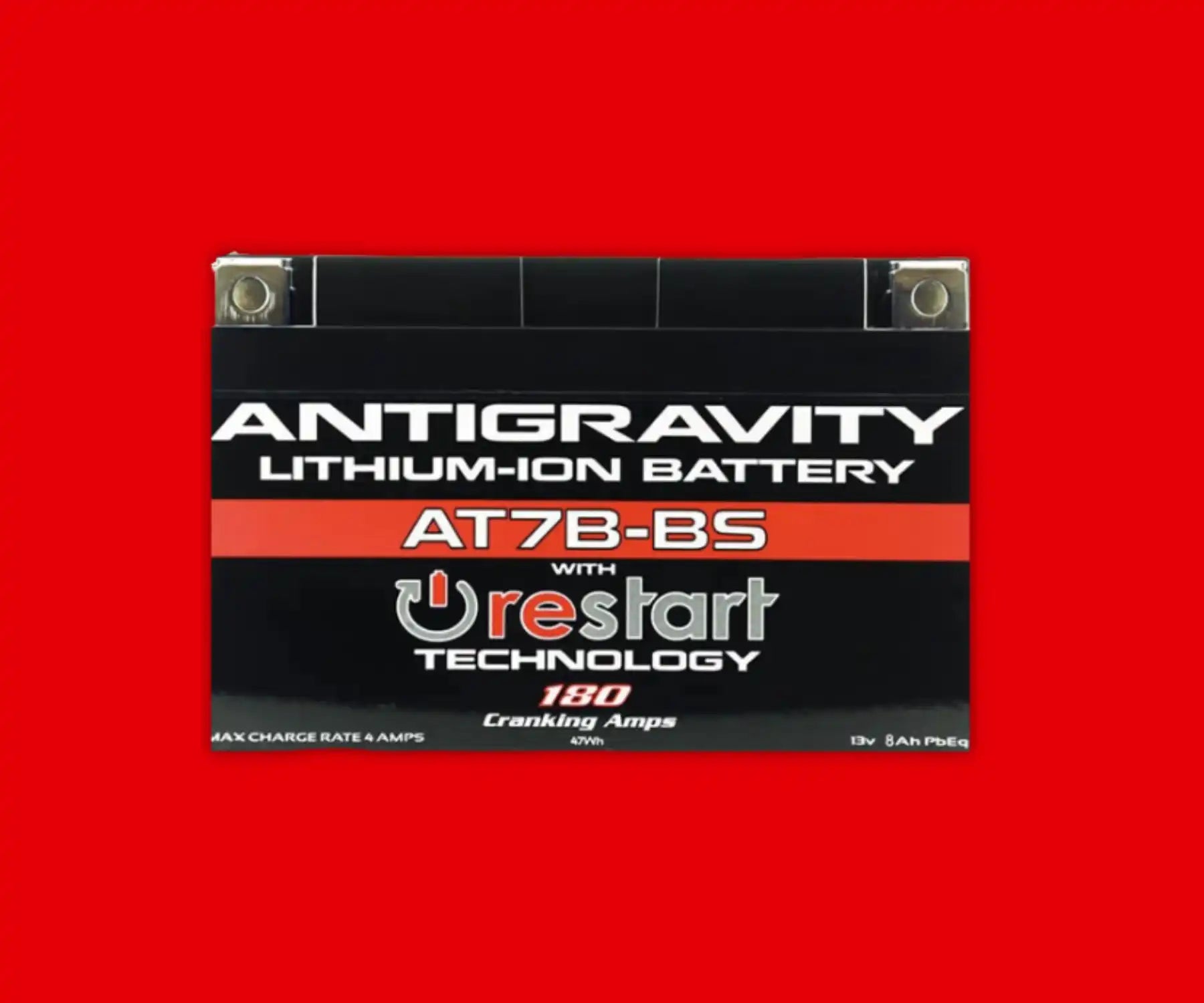 Antigravity lithium-ion motorcycle battery with restart technology.