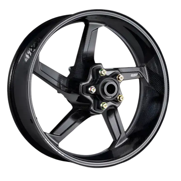 Black carbon fiber motorcycle wheel.