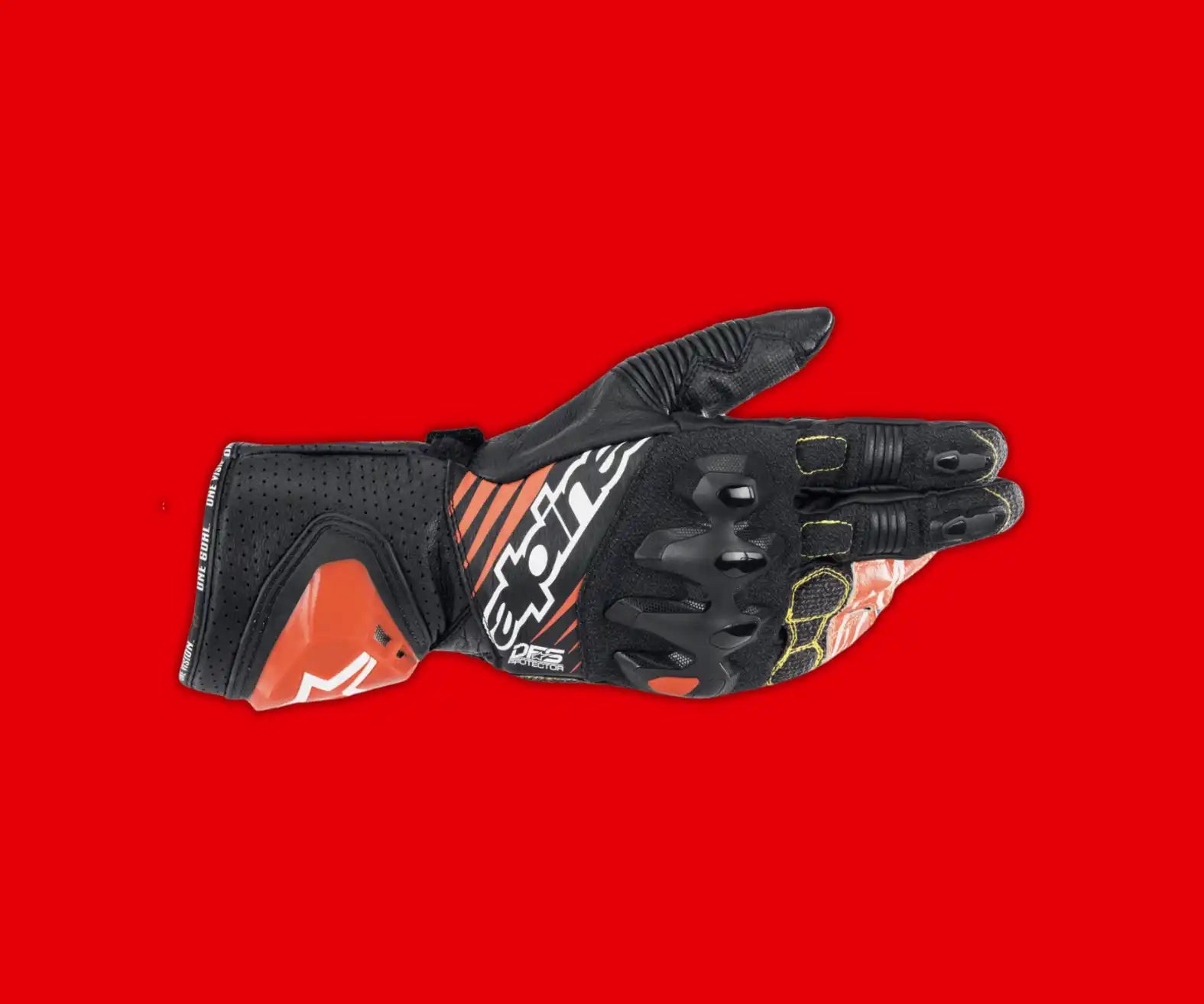 Black and gray protective motorcycle racing glove with armored knuckles and reinforced palm.