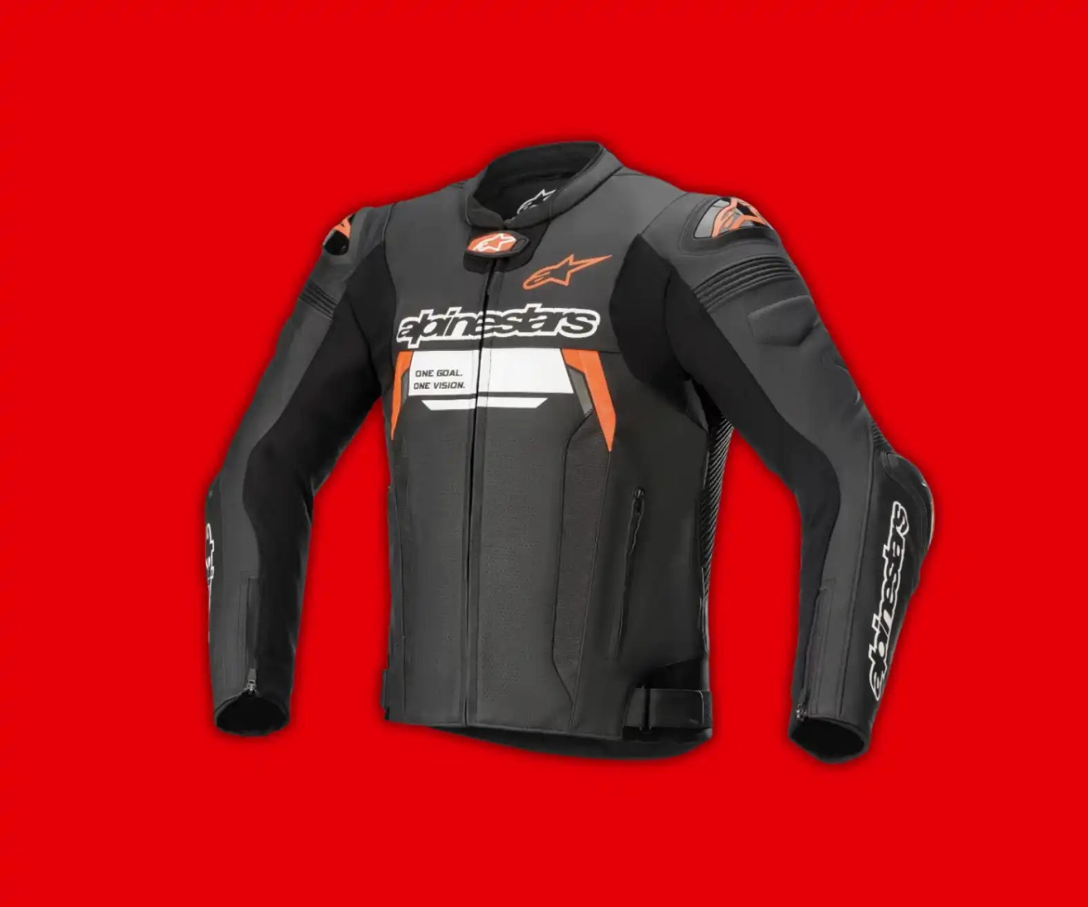 Black leather motorcycle racing jacket with orange and white Alpinestars branding.