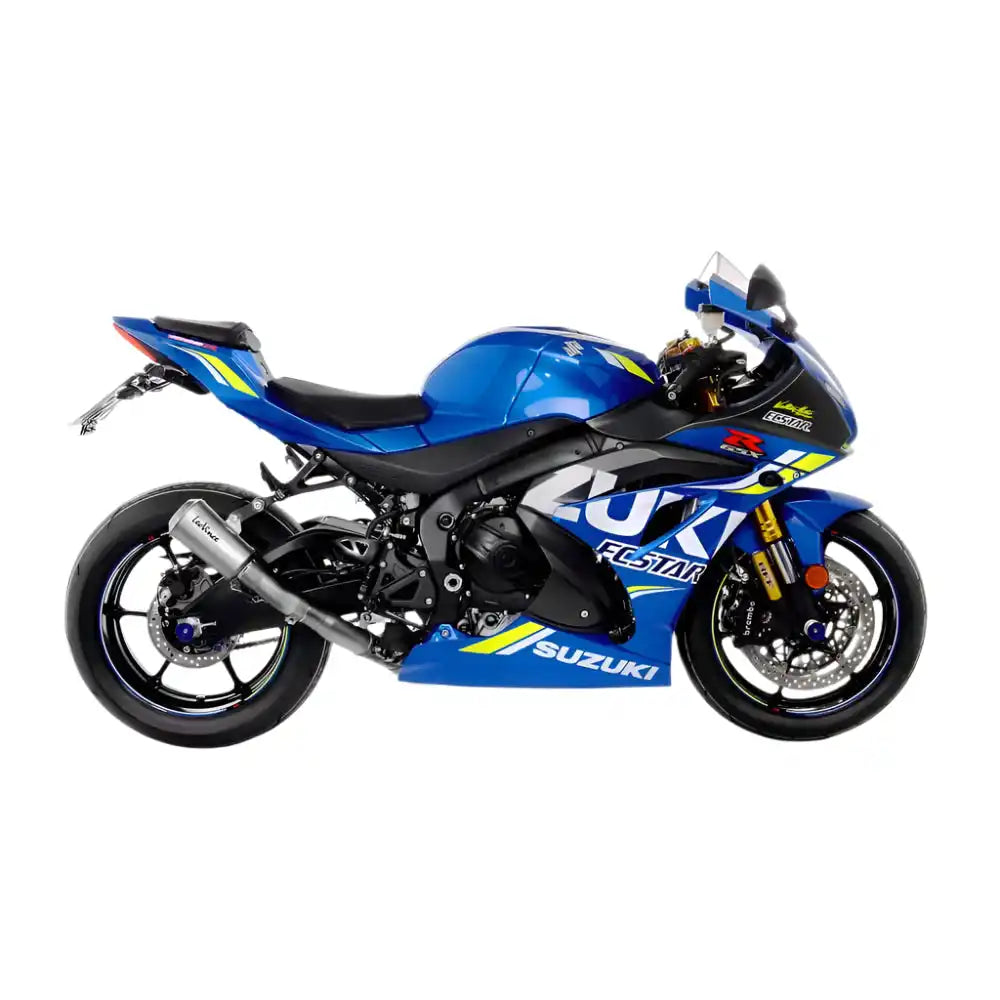 Blue and black Suzuki motorcycle.