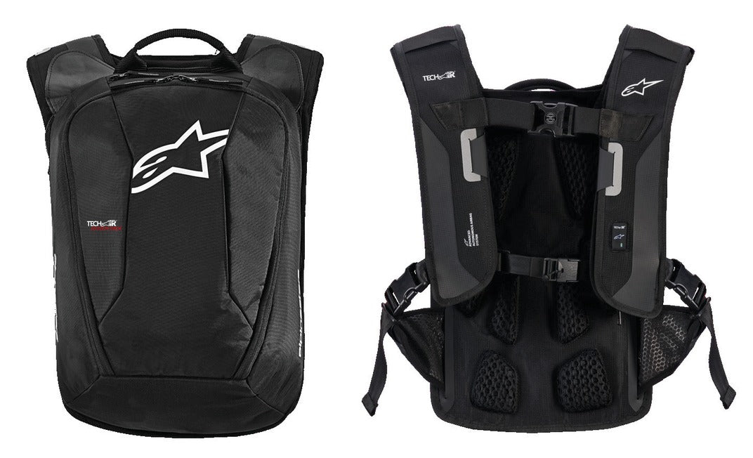 Alpinestars Tech-Air System Pack airbag backpack, front and harness views