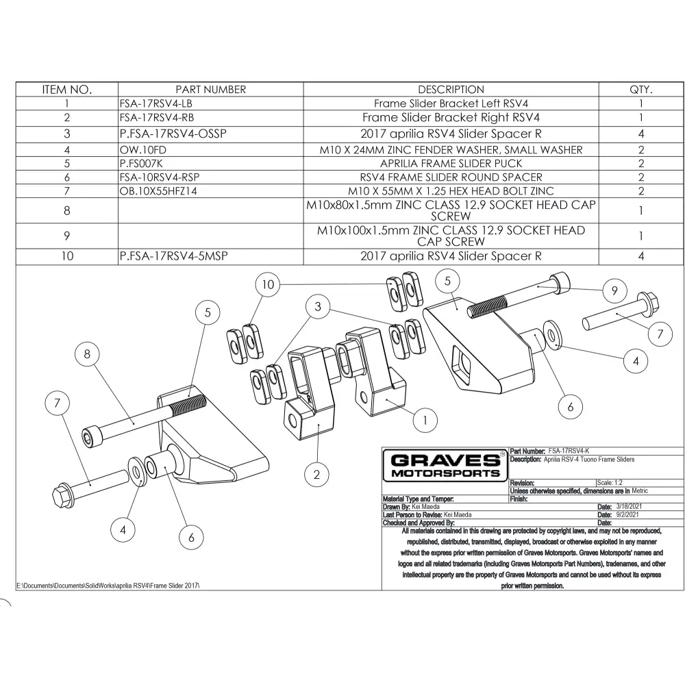 Graves Motorsports Aprilia RSV-4 Tuono Frame Sliders - Parts