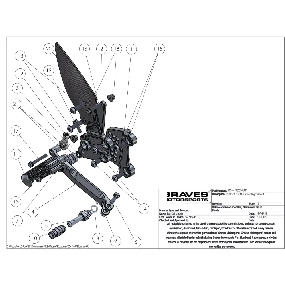 Graves Motorsports WORKS Kawasaki ZX-10R / ZX-10RR Adjustable Rearsets - Parts