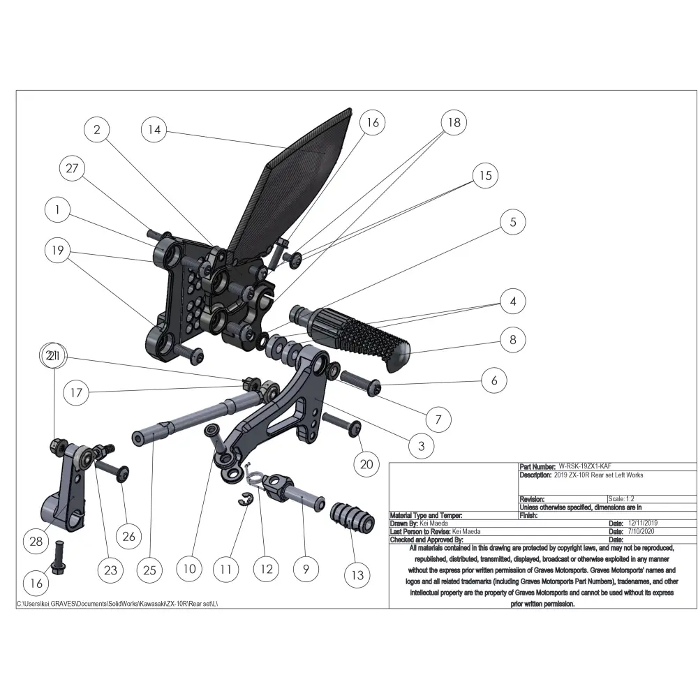 Graves Motorsports WORKS Kawasaki ZX-10R / ZX-10RR Adjustable Rearsets - Parts