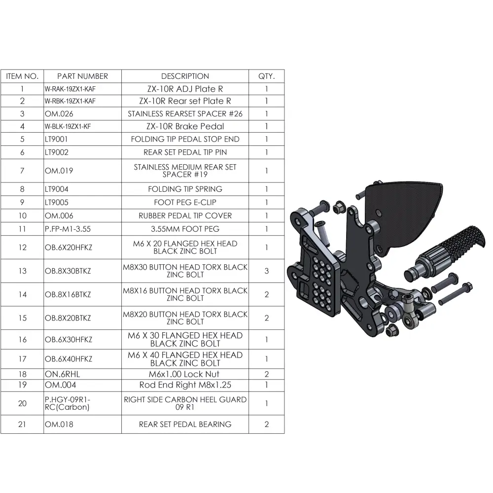 Graves Motorsports WORKS Kawasaki ZX-10R / ZX-10RR Adjustable Rearsets - Parts