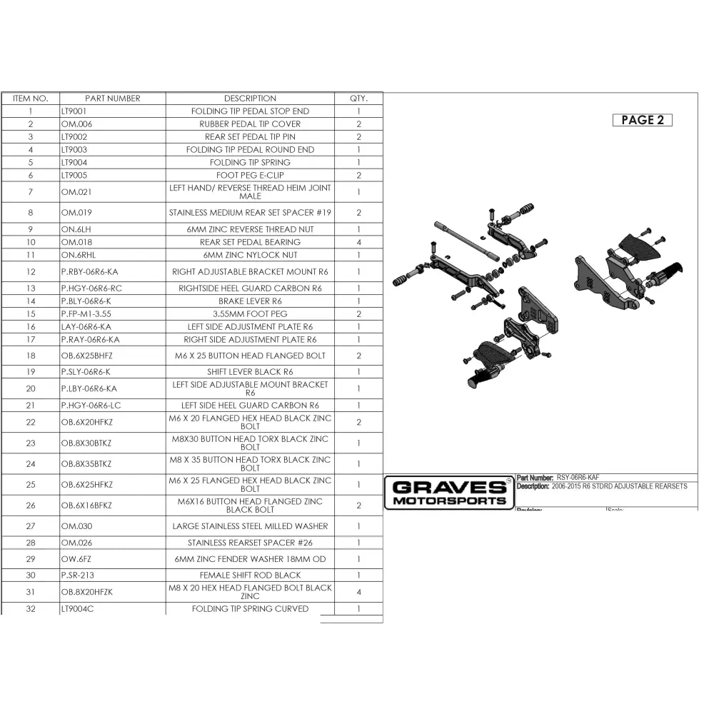 Graves Motorsports Yamaha R6 Adjustable Rearsets 2006-2022 - Parts