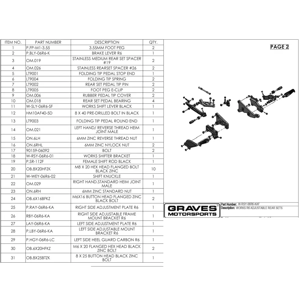 Graves Motorsports Yamaha R6 WORKS Rearsets - Parts