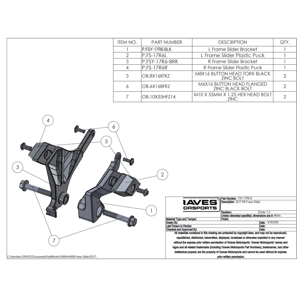 Graves Yamaha R6 Diamond Frame Sliders 2017 + Parts