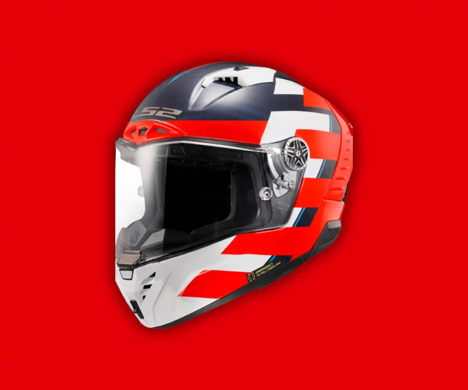 Racing helmet with red, white and black geometric pattern design.