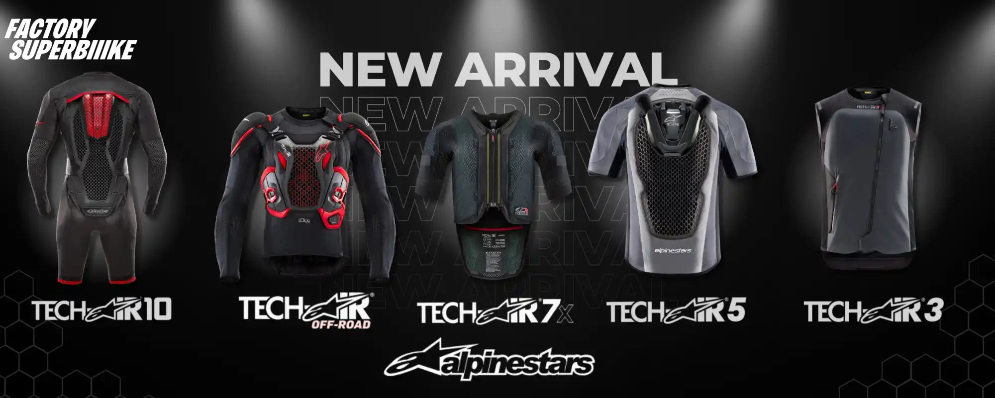 A lineup of black and red motorcycle protective gear from the Alpinestars Tech-Air collection.