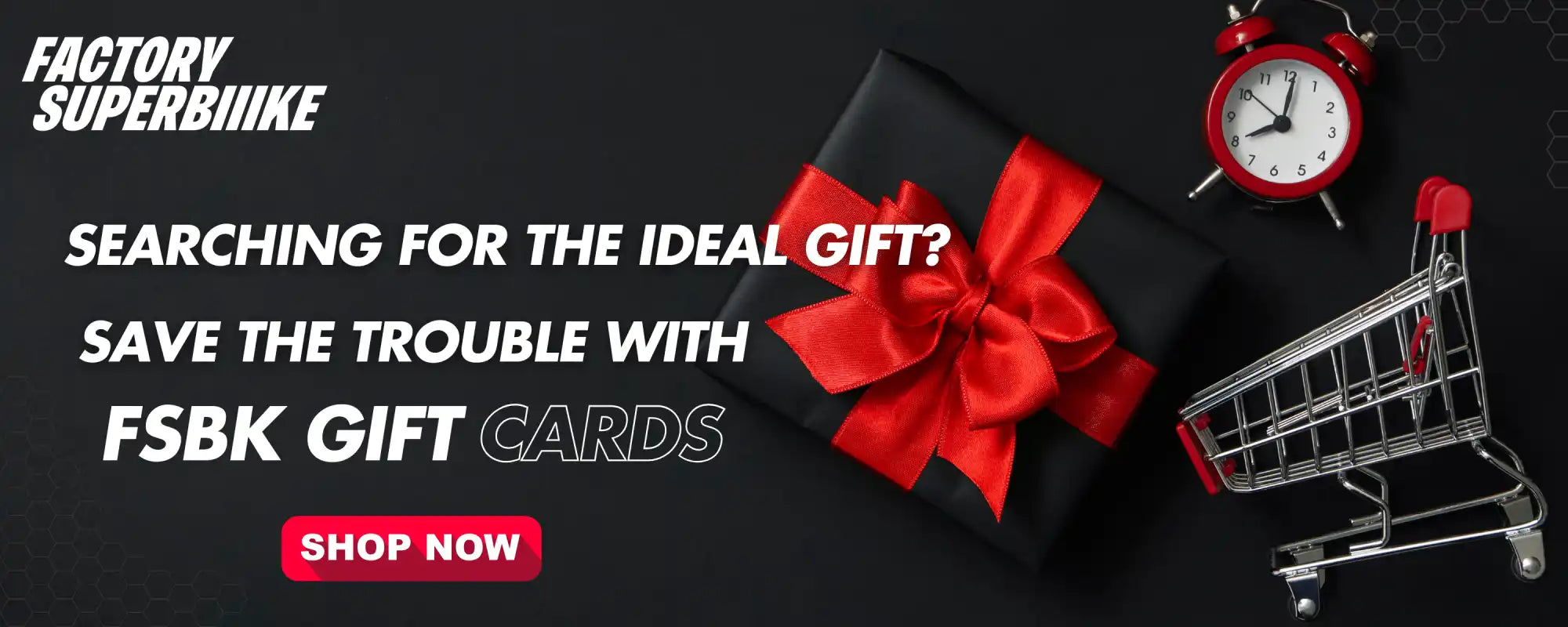 A promotional banner advertising FSBK gift cards with a red bow and shopping cart icons.