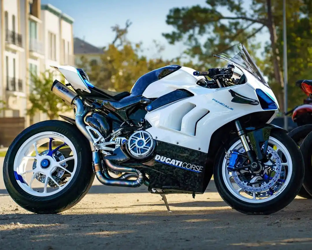 White and blue Ducati motorcycle.